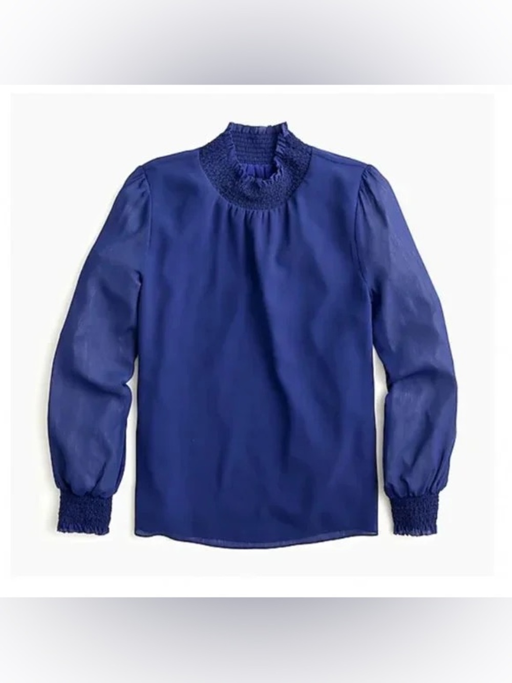 J. Crew Crinkle chiffon Royal Blue Smocked Neck Long Sleeve Top